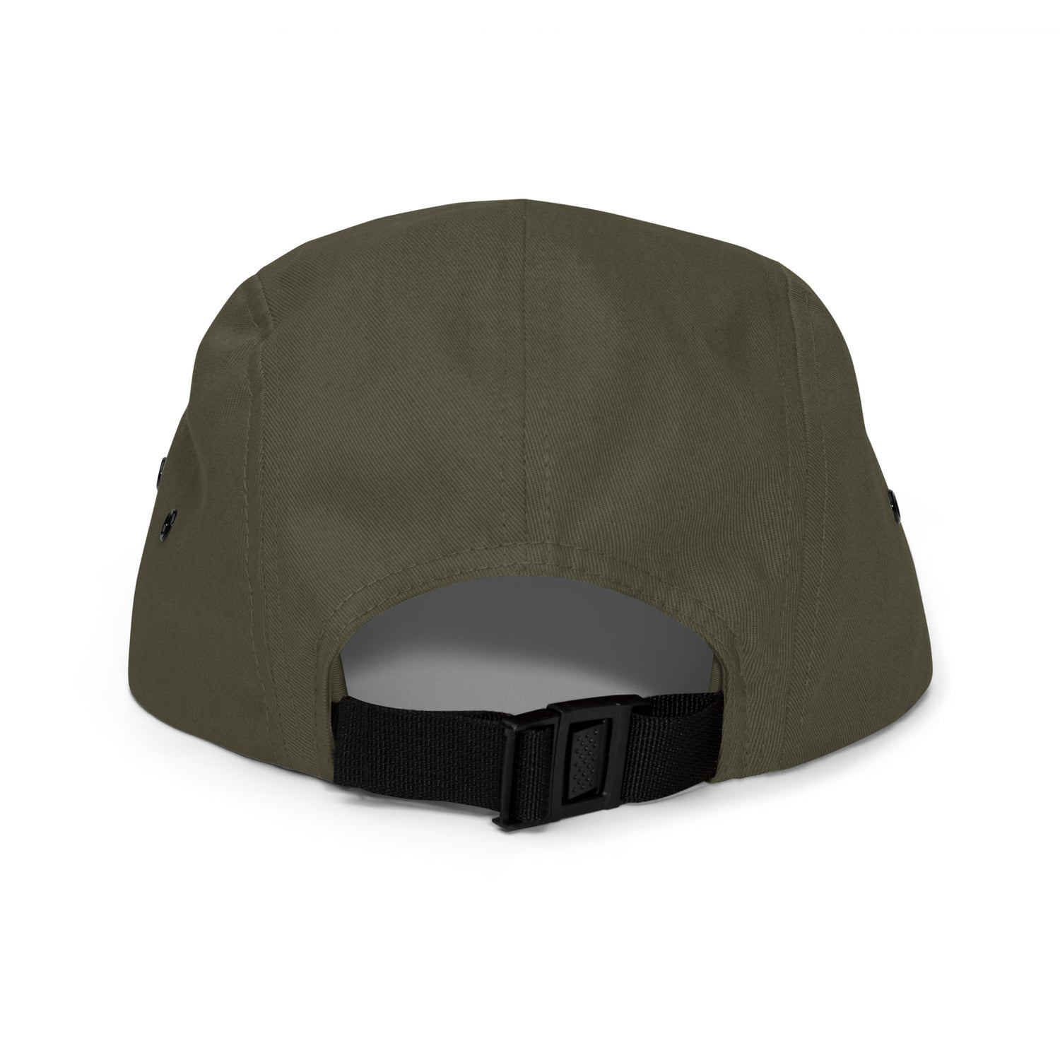 Olive green five-panel cap with nylon strap clip closure – back view