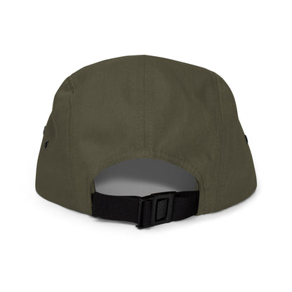 Olive green five-panel cap with nylon strap clip closure – back view