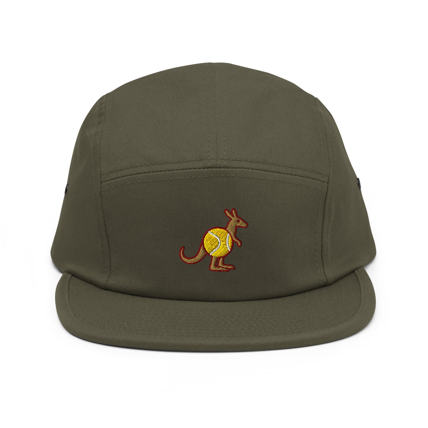 Olive green five-panel cap with embroidered Skippy kangaroo tennis-ball logo – front view