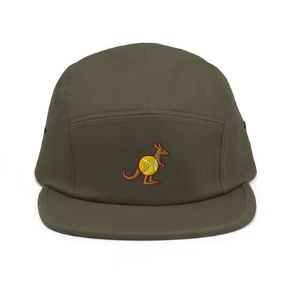 Olive green five-panel cap with embroidered Skippy kangaroo tennis-ball logo – front view