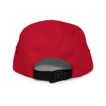 Red (burgundy) five-panel cap with nylon strap clip closure – back view