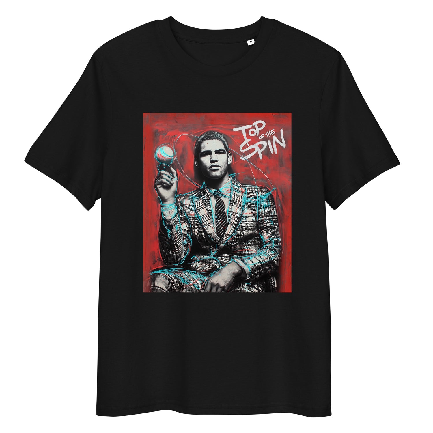 Black organic cotton tee featuring “Top Spin” graphic of Carlos Alcaraz – front view
