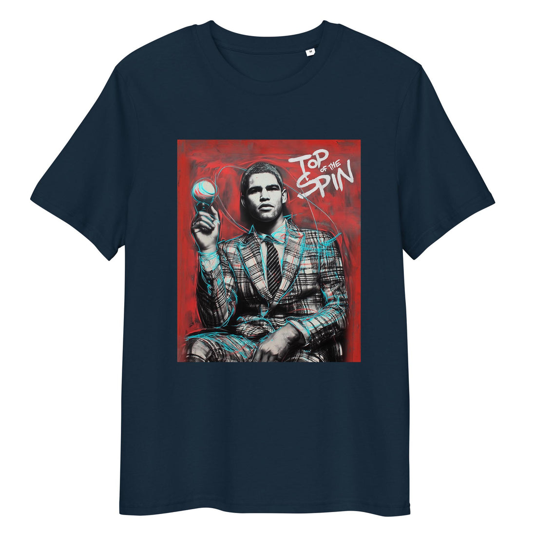navy organic cotton tee featuring “Top Spin” graphic of Carlos Alcaraz – front view