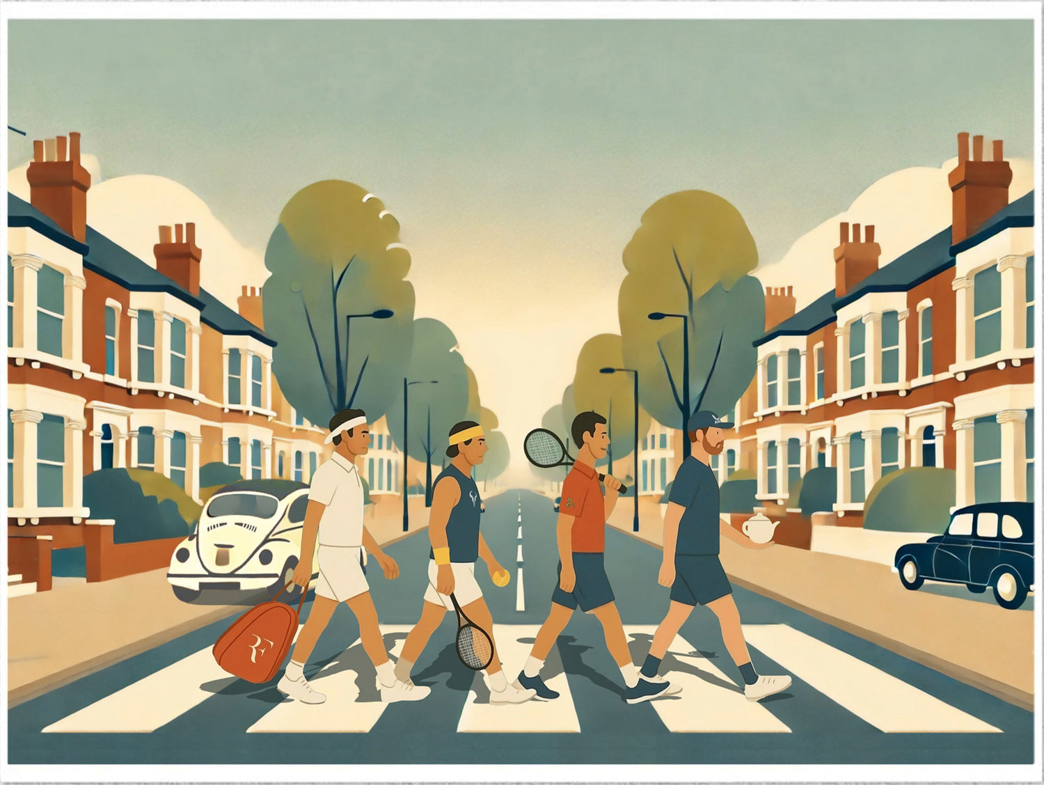 Poster of Federer, Nadal, Djokovic &amp; Murray crossing Abbey Road – “Big 4 Crossing” illustration, straight-on view
