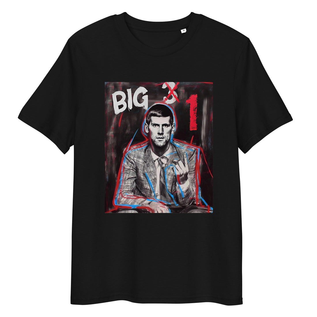 Black organic cotton tee featuring “BIG 1” graphic of Novak Djokovic – front view   