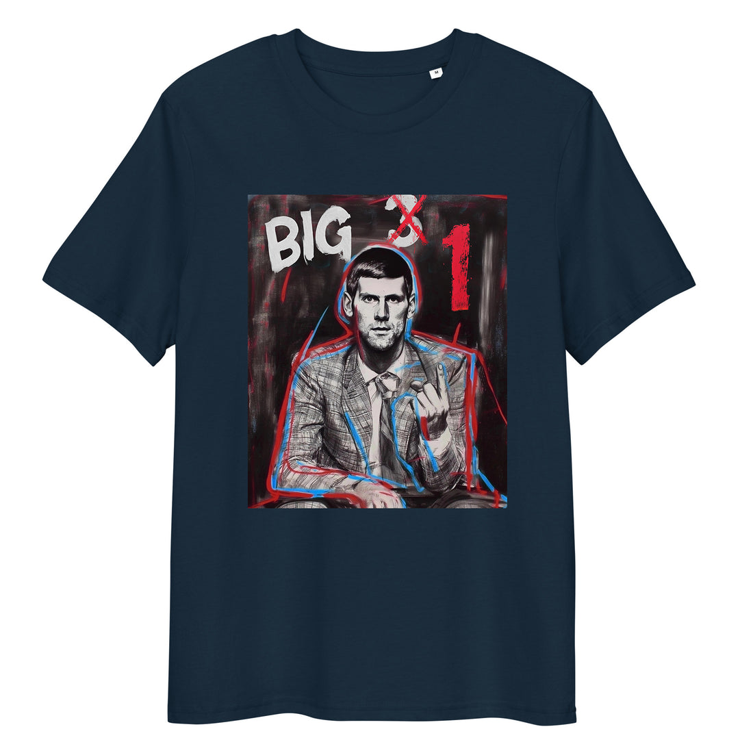 French Navy (dark blue) organic cotton tee featuring “BIG 1” graphic of Novak Djokovic – front view   