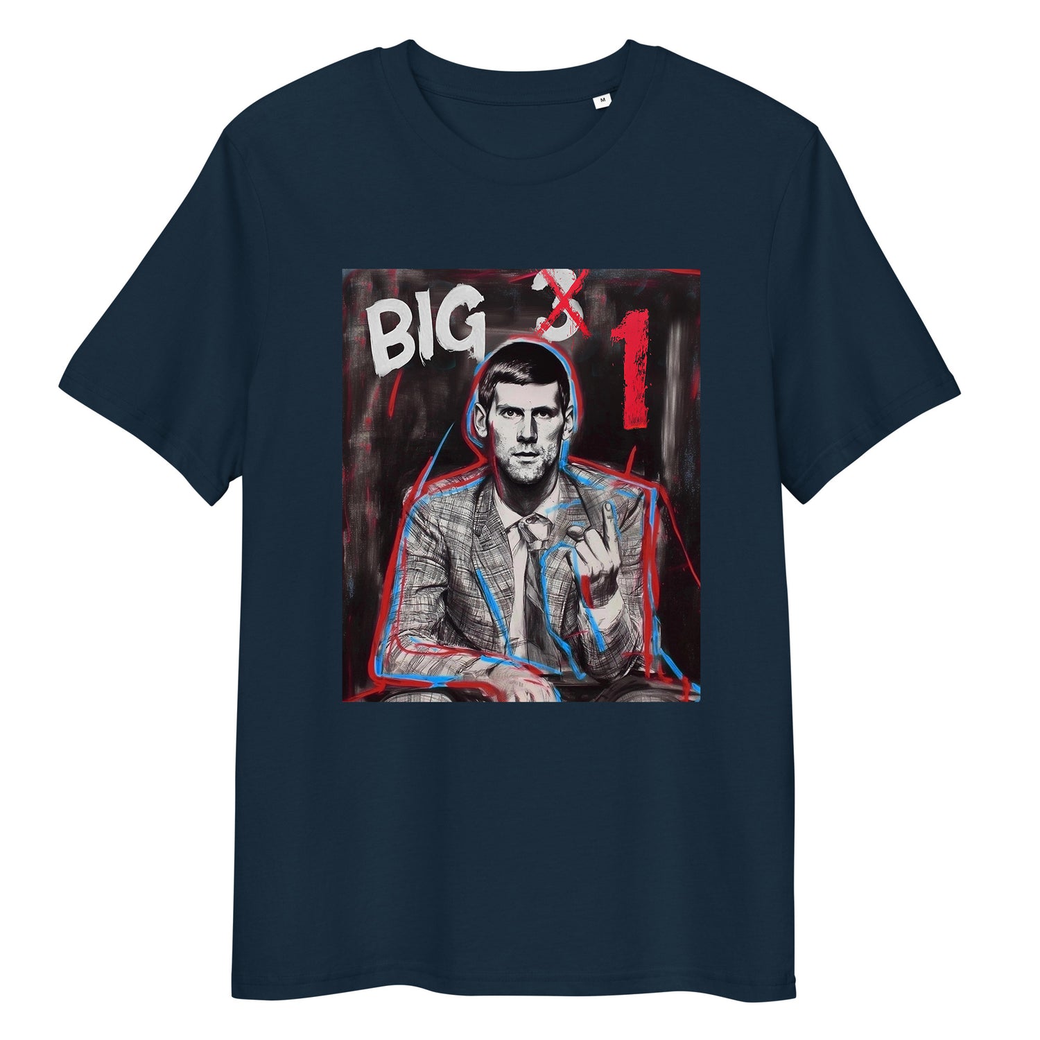French Navy (dark blue) organic cotton tee featuring “BIG 1” graphic of Novak Djokovic – front view   