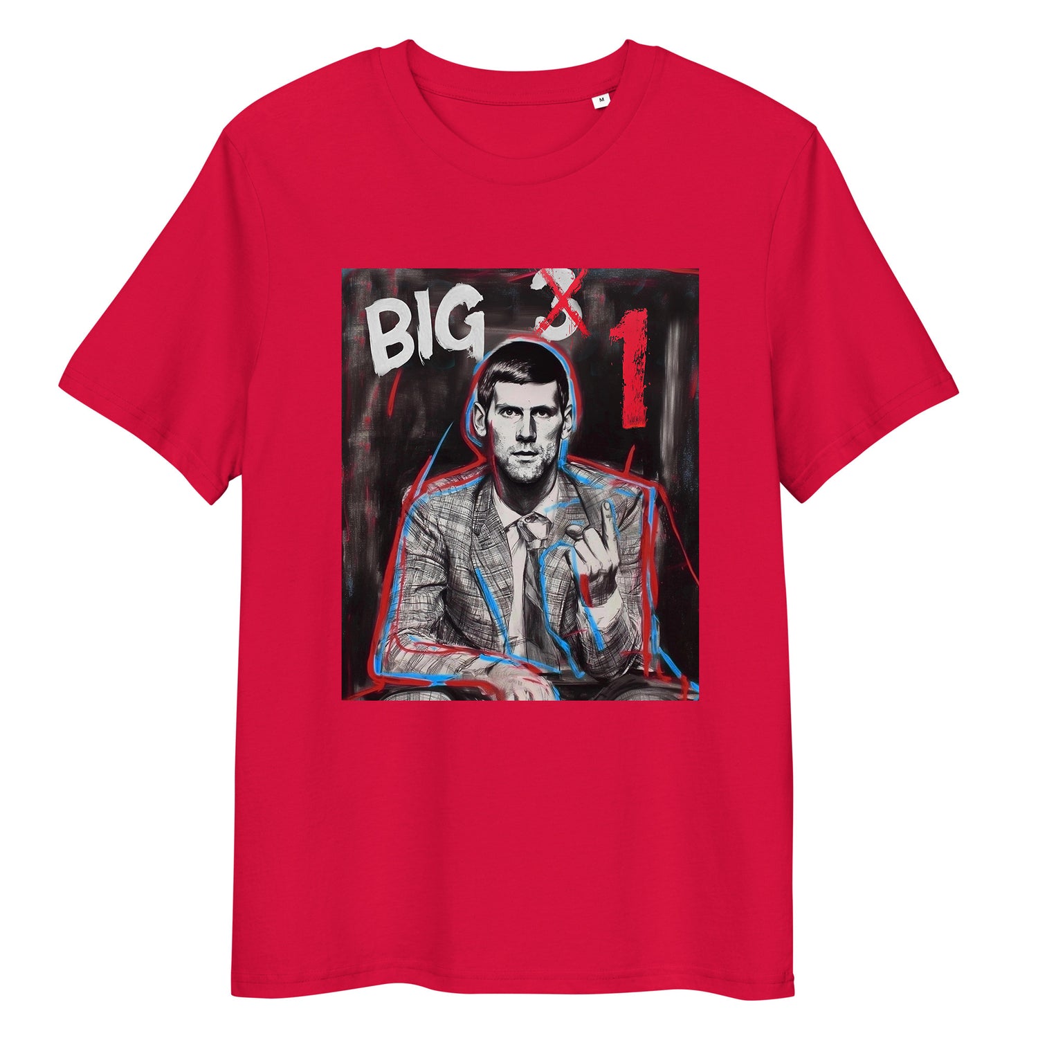 red organic cotton tee featuring “BIG 1” graphic of Novak Djokovic – front view   