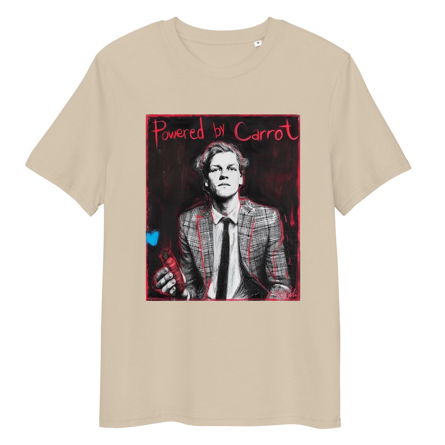 Desert Dust organic cotton tee featuring “Powered by Carrot” graphic of Jannik Sinner – front view