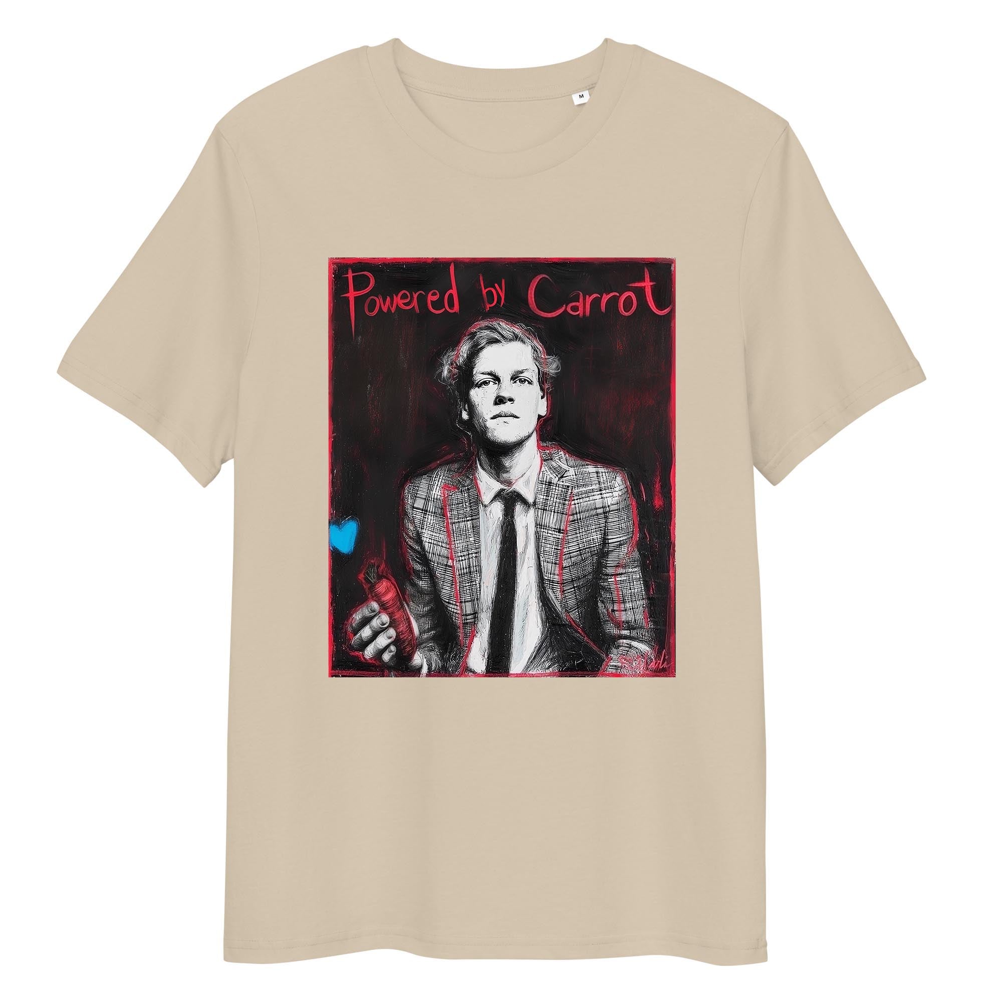 Desert Dust organic cotton tee featuring “Powered by Carrot” graphic of Jannik Sinner – front view