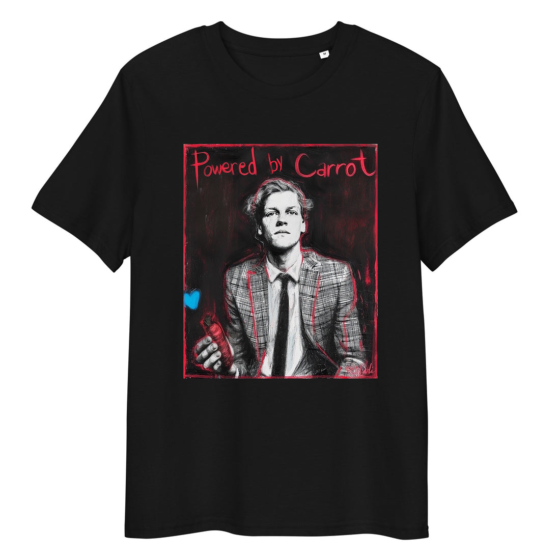 Black organic cotton tee featuring “Powered by Carrot” graphic of Jannik Sinner – front view