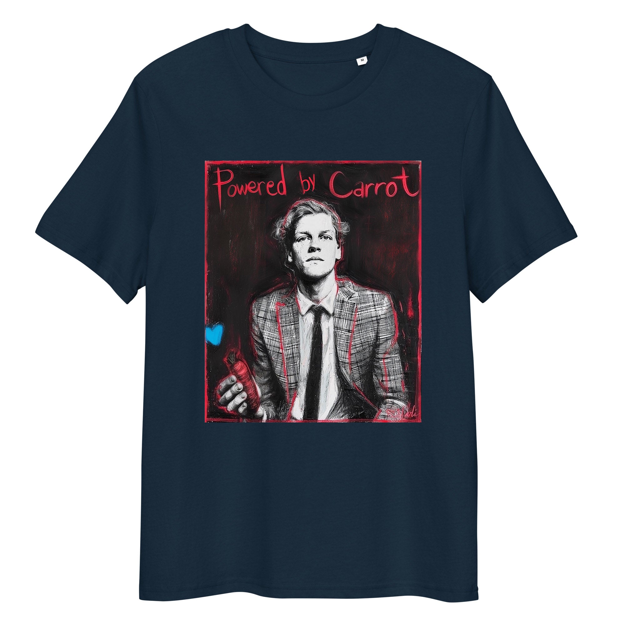French Navy organic cotton tee featuring “Powered by Carrot” graphic of Jannik Sinner – front view
