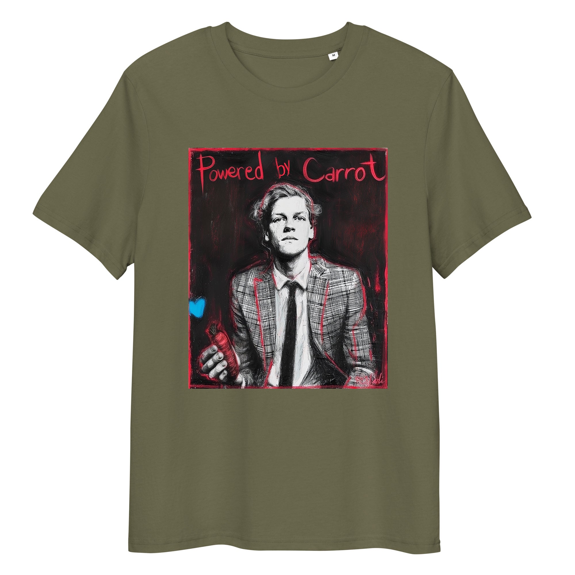 Khaki organic cotton tee featuring “Powered by Carrot” graphic of Jannik Sinner – front view