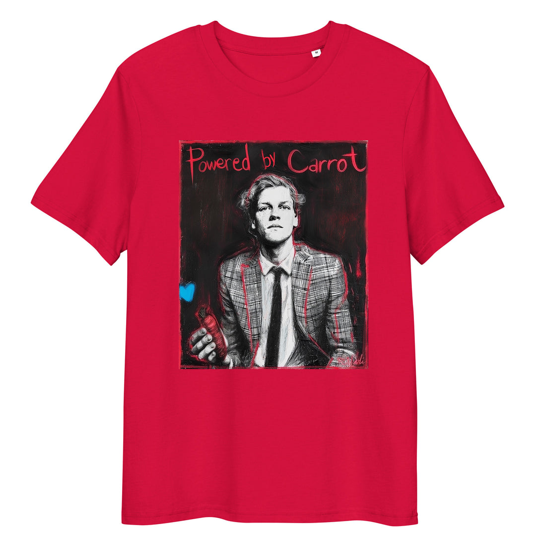 Red organic cotton tee featuring “Powered by Carrot” graphic of Jannik Sinner – front view