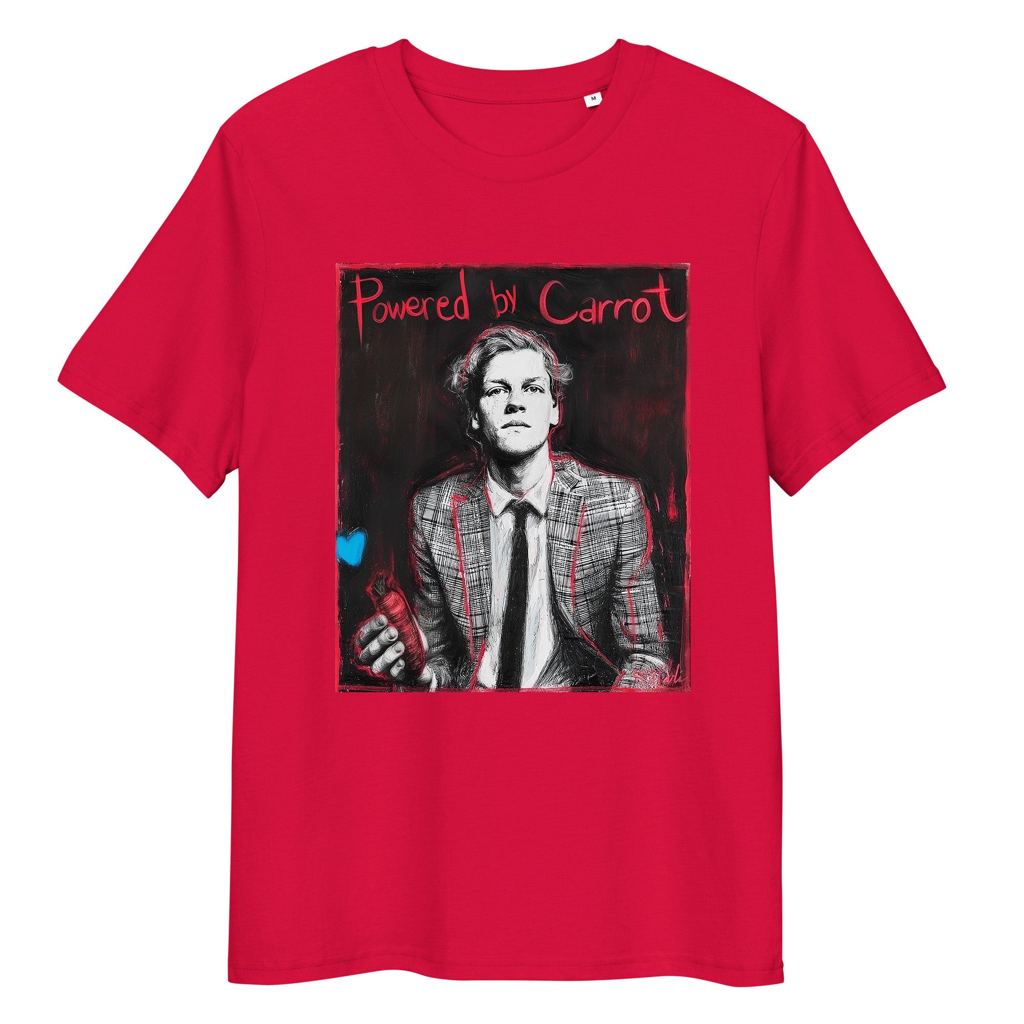 Red organic cotton tee featuring “Powered by Carrot” graphic of Jannik Sinner – front view