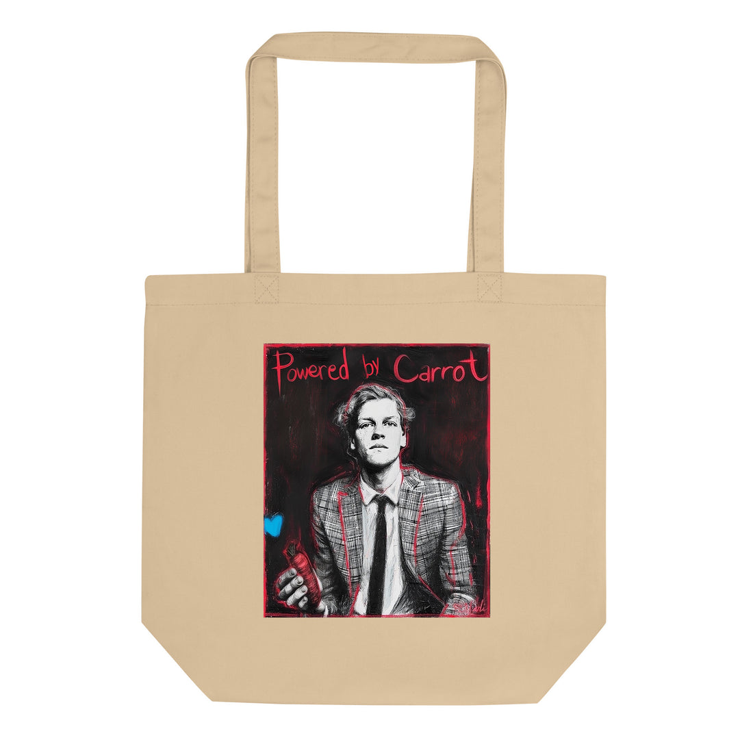 Natural (beige) organic cotton tote bag featuring “Powered by Carrot” graphic of Jannik Sinner – front view