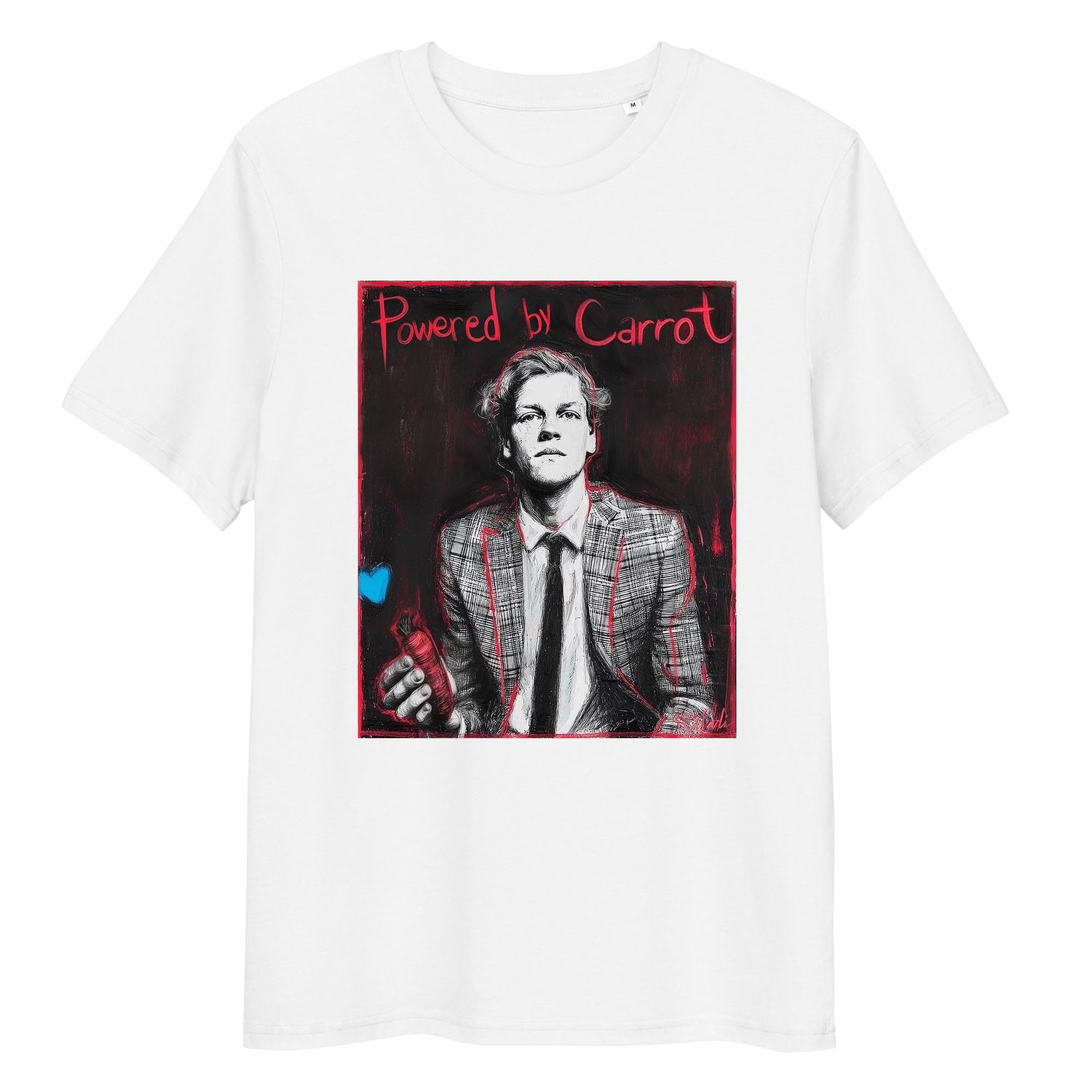 white organic cotton tee featuring “Powered by Carrot” graphic of Jannik Sinner – front view
