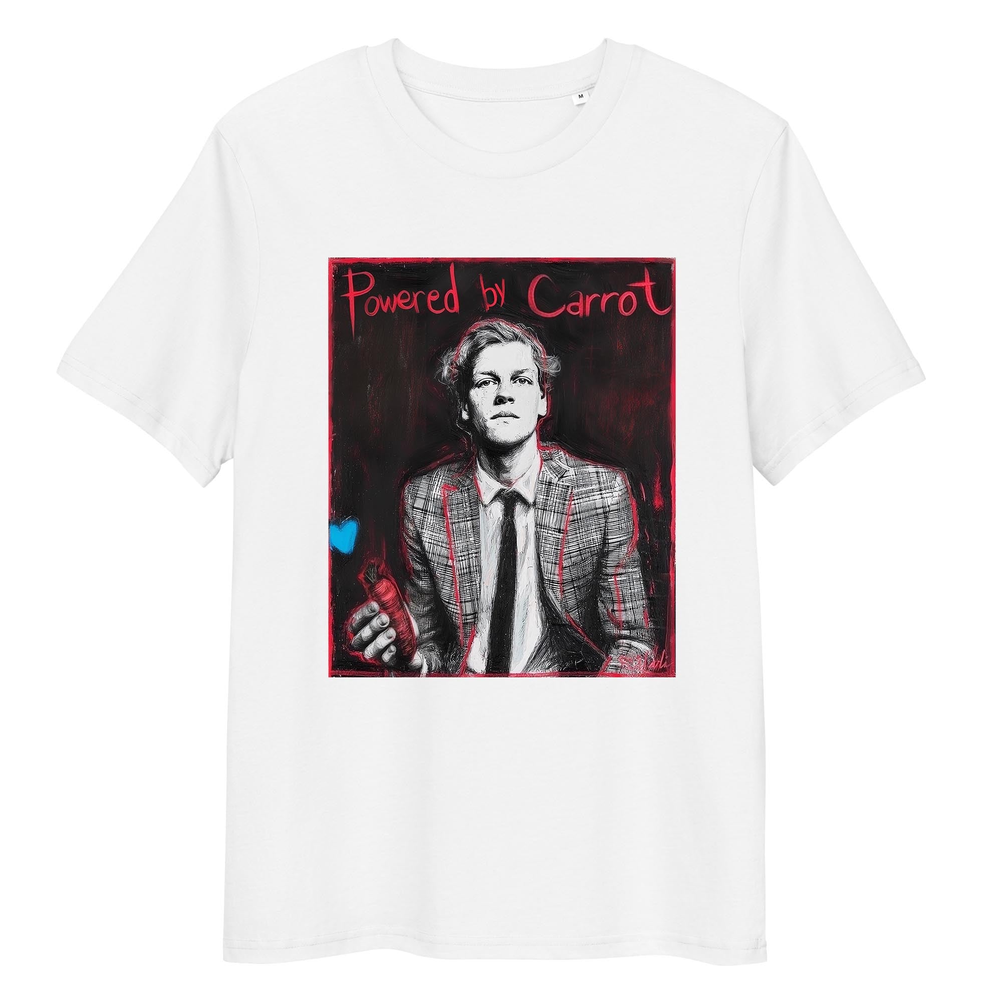 white organic cotton tee featuring “Powered by Carrot” graphic of Jannik Sinner – front view