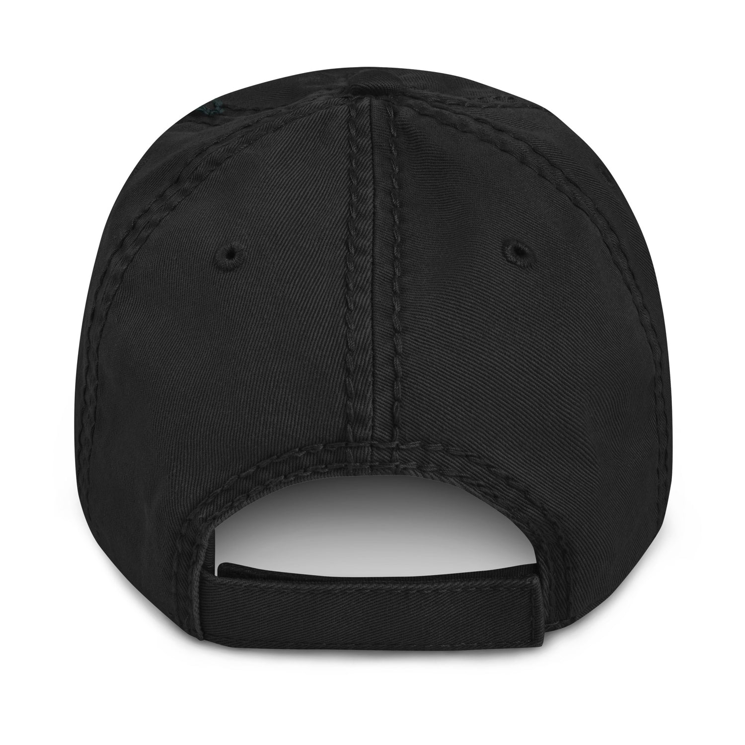 Black distressed cotton dad hat with adjustable hook-and-loop strap – back view