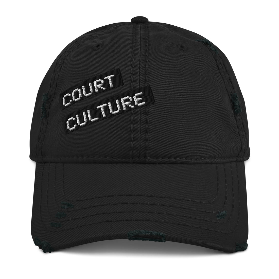 Black distressed cotton dad hat with embroidered “COURT CULTURE” patch – front view