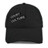 Black distressed cotton dad hat with embroidered “COURT CULTURE” patch – front view