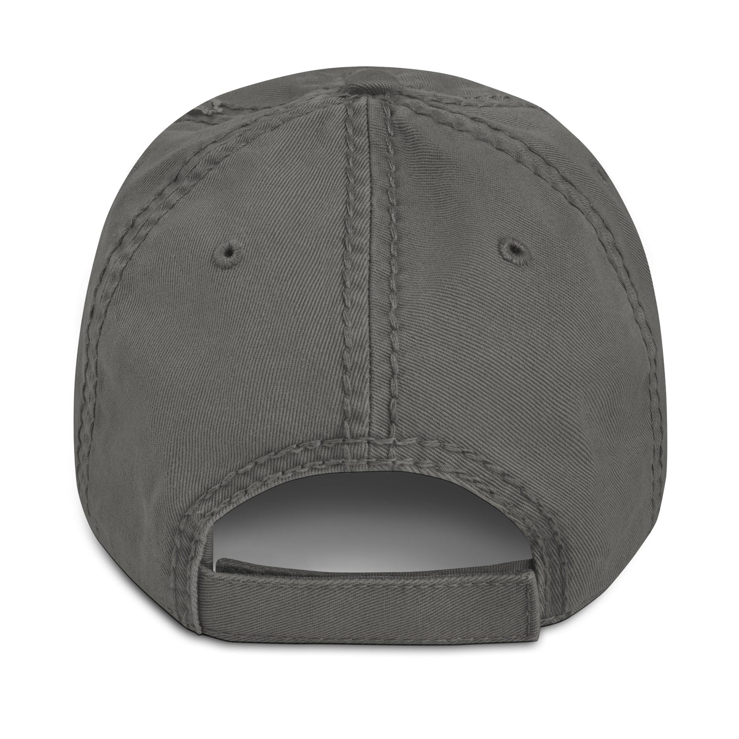 Charcoal-grey distressed cotton dad hat with adjustable hook-and-loop strap – back view