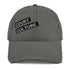 harcoal-grey distressed cotton dad hat with embroidered “COURT CULTURE” patch – front view