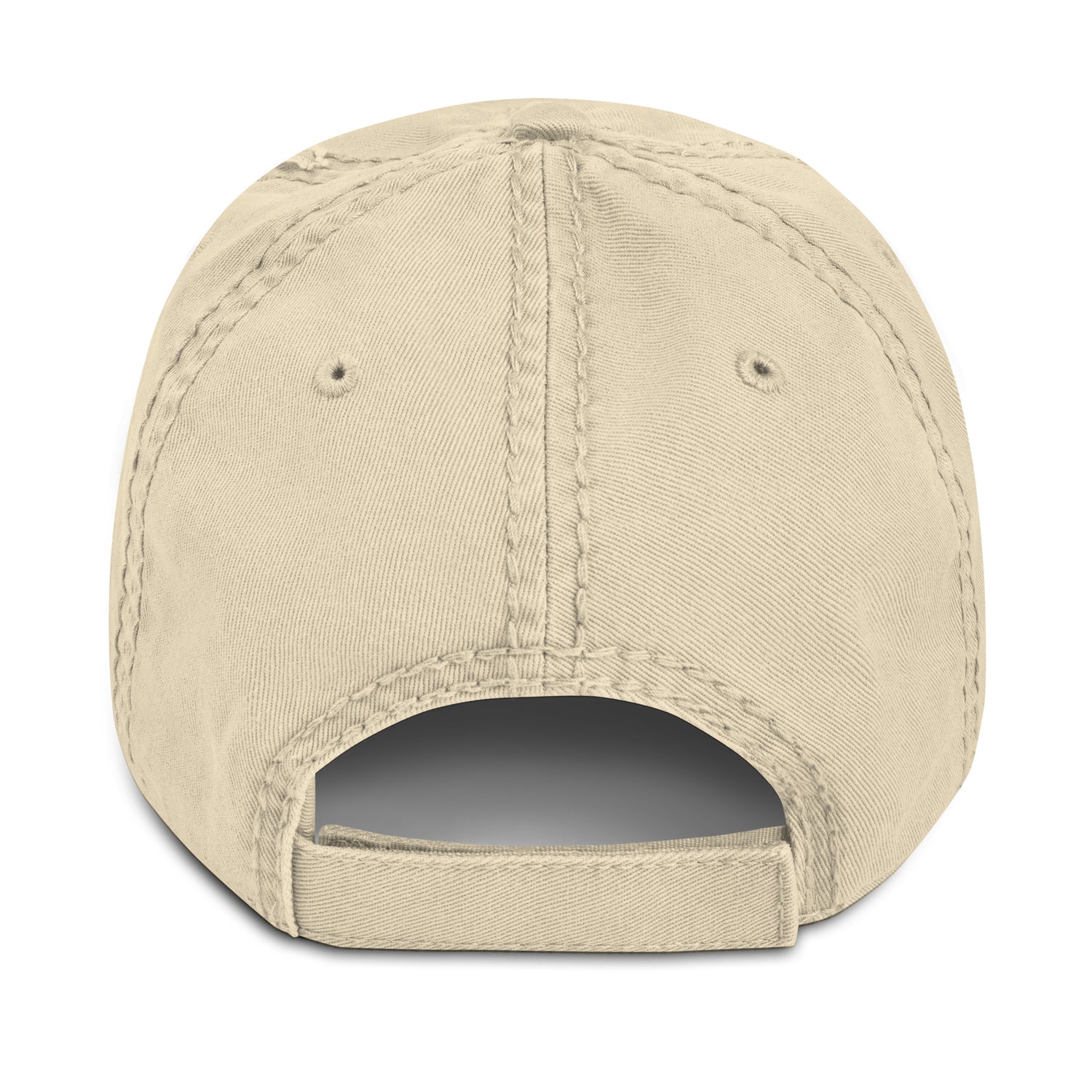 Khaki (Beige) distressed cotton dad hat with adjustable hook-and-loop strap – back view