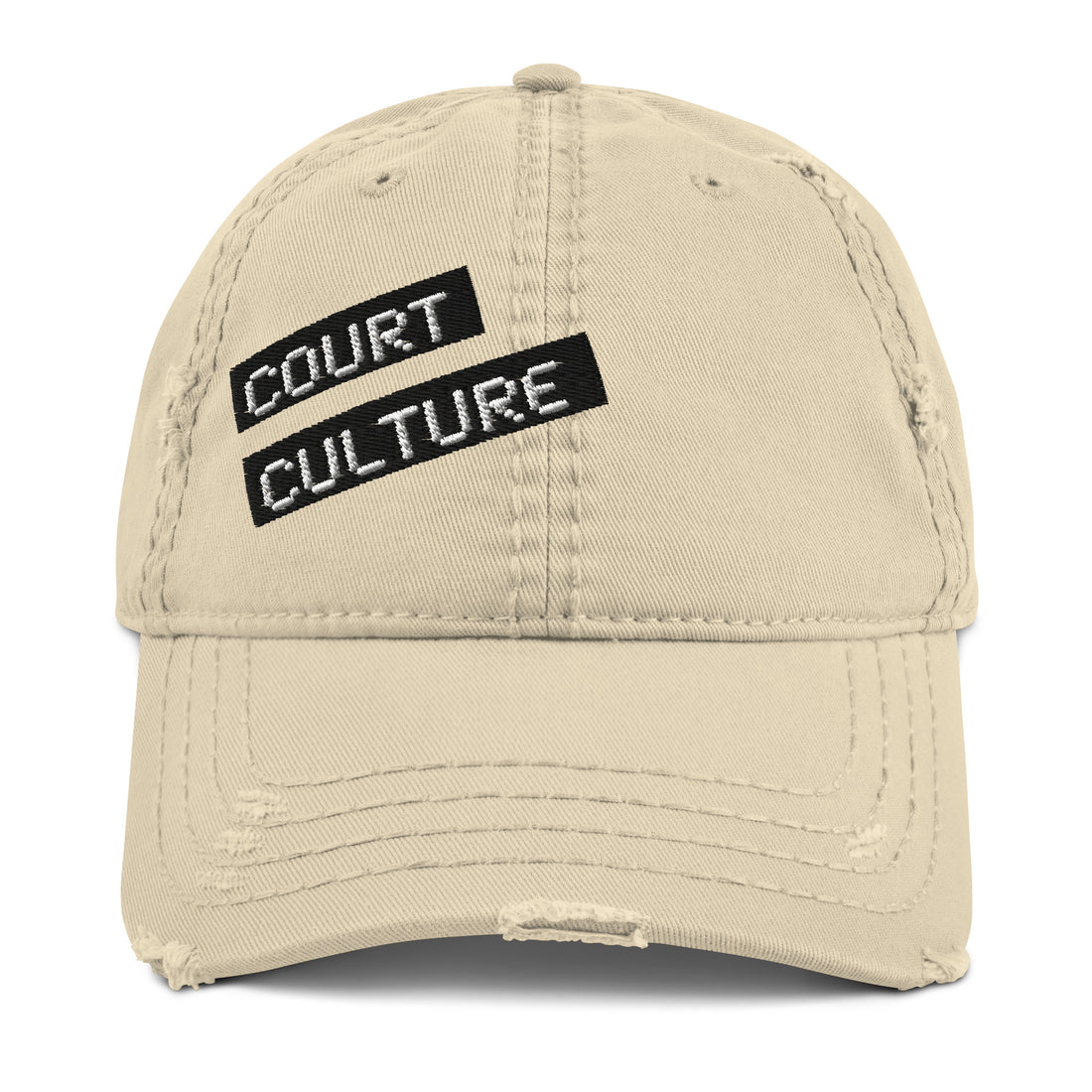 Khaki (Beige) distressed cotton dad hat with embroidered “COURT CULTURE” patch – front view