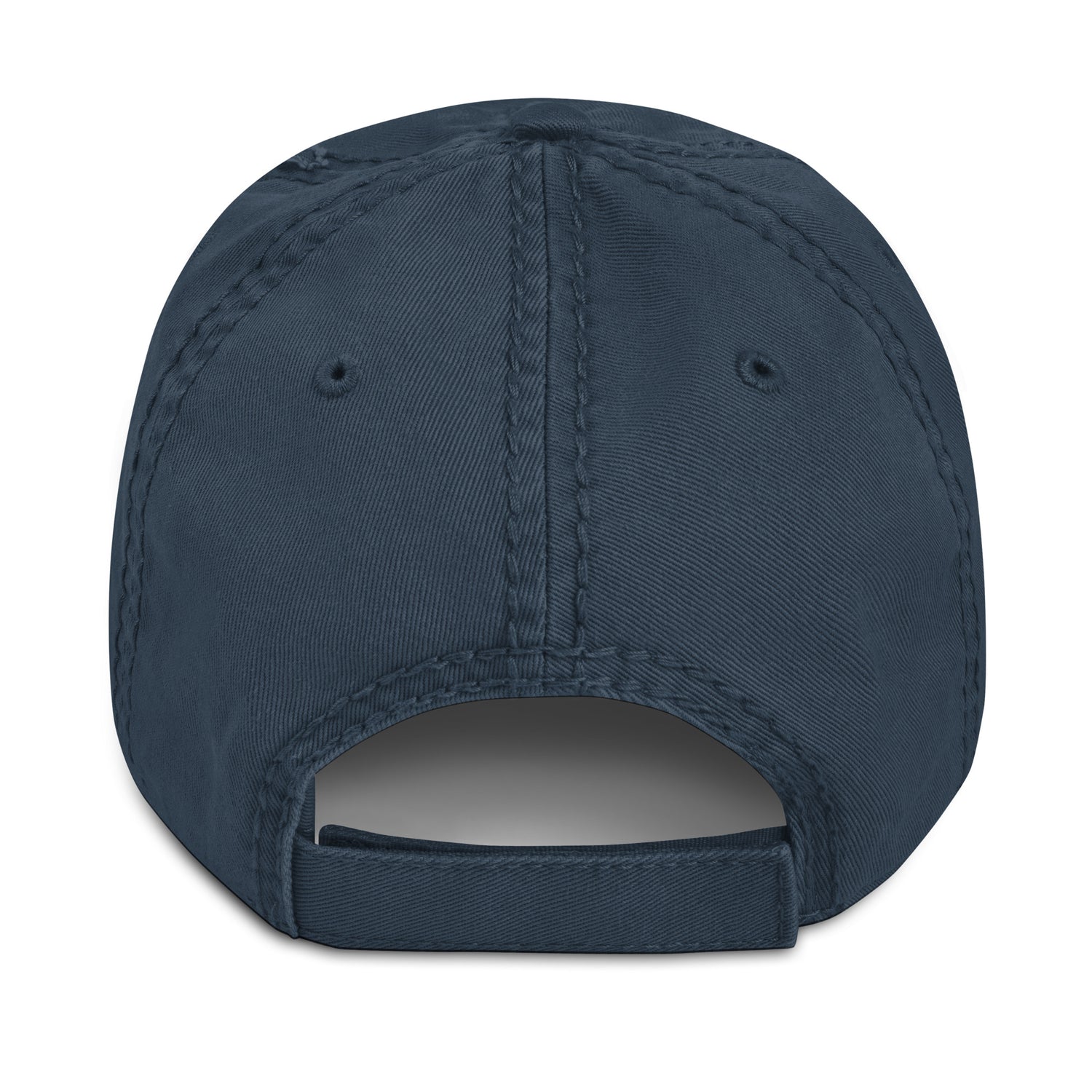 Navy distressed cotton dad hat with adjustable hook-and-loop strap – back view