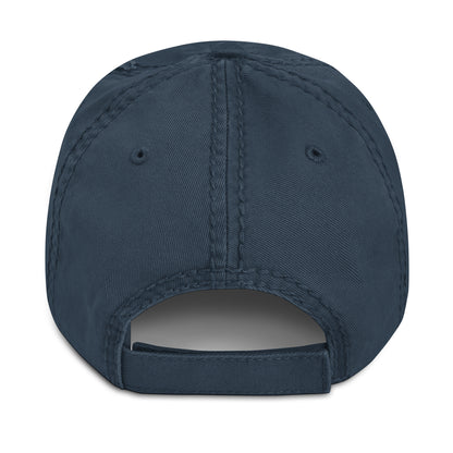 Navy distressed cotton dad hat with adjustable hook-and-loop strap – back view