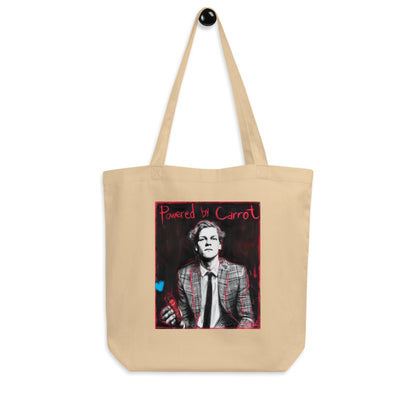 Natural Organic cotton tote bag with “Powered by Carrot” Jannik Sinner print – hanging display view