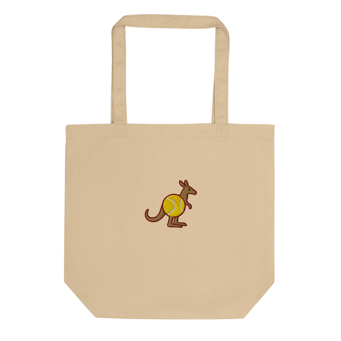 Natural cotton tote bag with embroidered Skippy kangaroo holding a tennis ball – front view