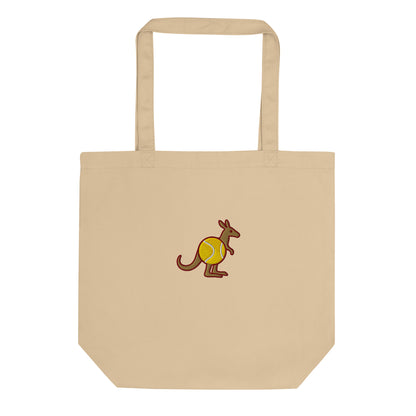 Natural cotton tote bag with embroidered Skippy kangaroo holding a tennis ball – front view
