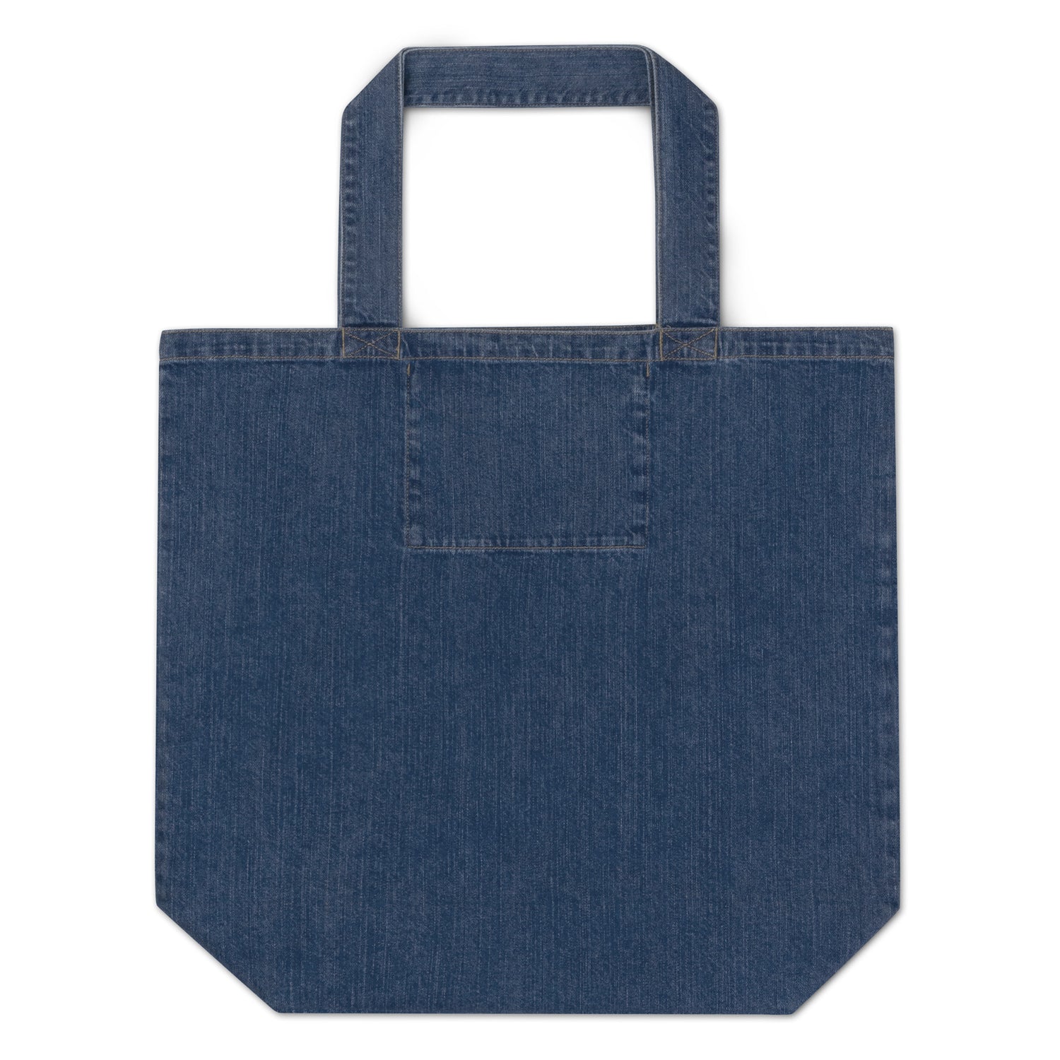 Blue organic denim tote bag – plain back view with long handles