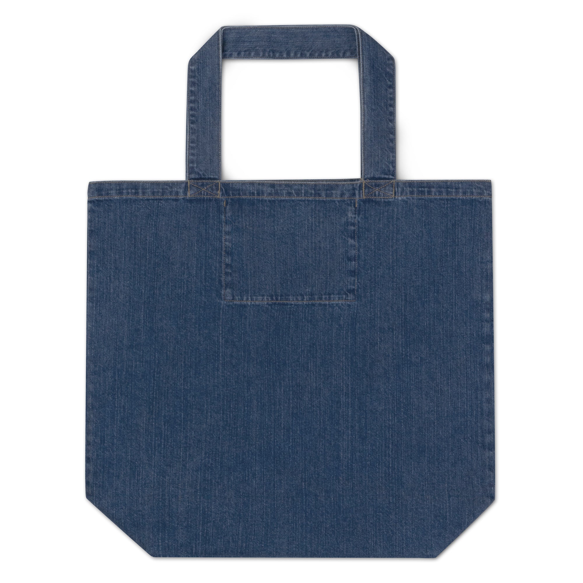 Blue organic denim tote bag – plain back view with long handles