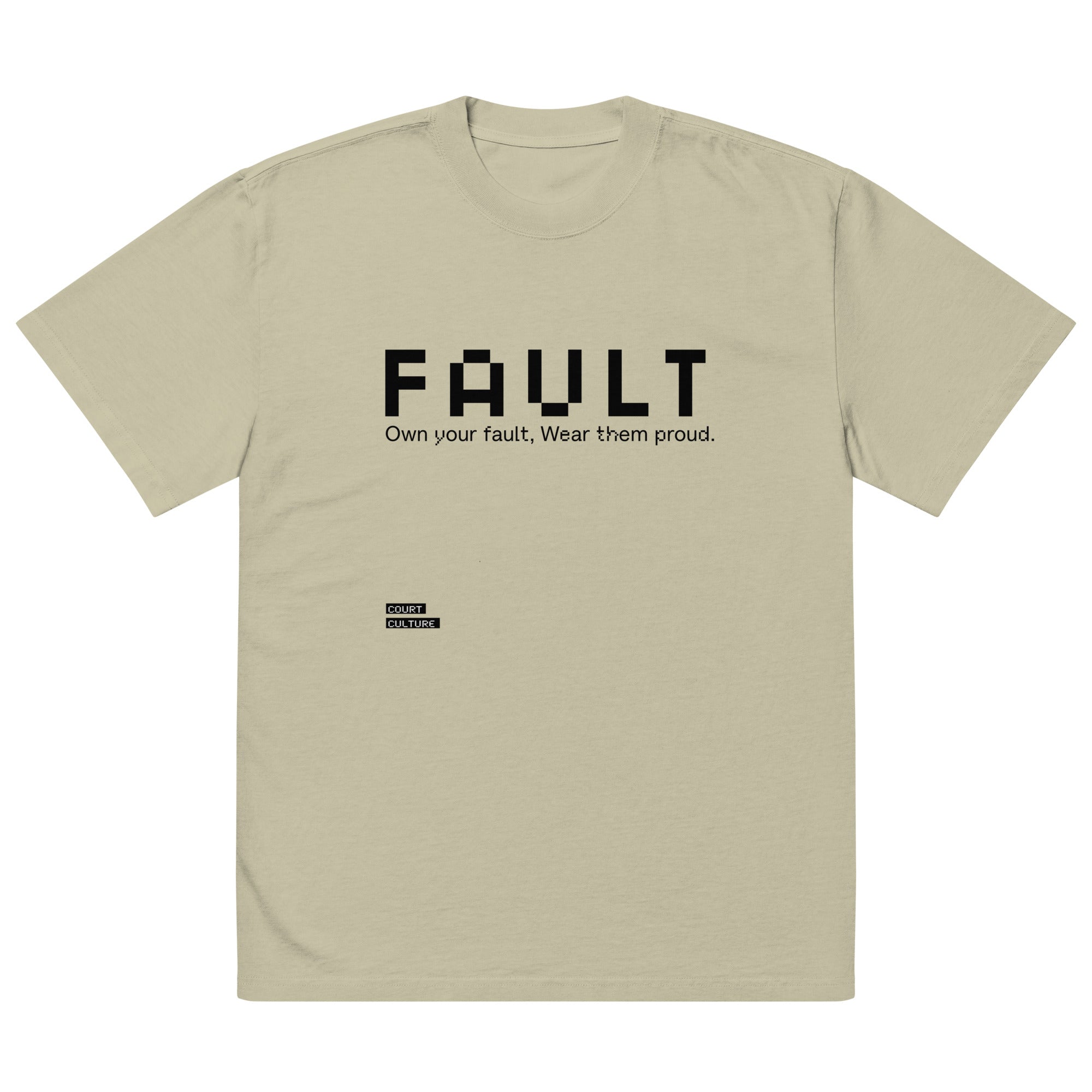 Faded Eucalyptus (sage green) oversized tee with black “FAULT – Own your fault” front print – hero view