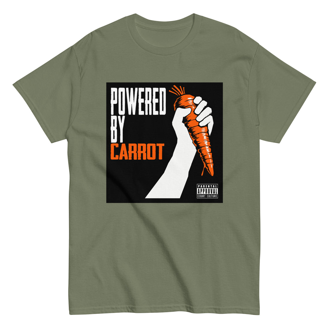 MILITARY GREEN classic tee with “Powered by Carrot” hand-and-carrot graphic – front view