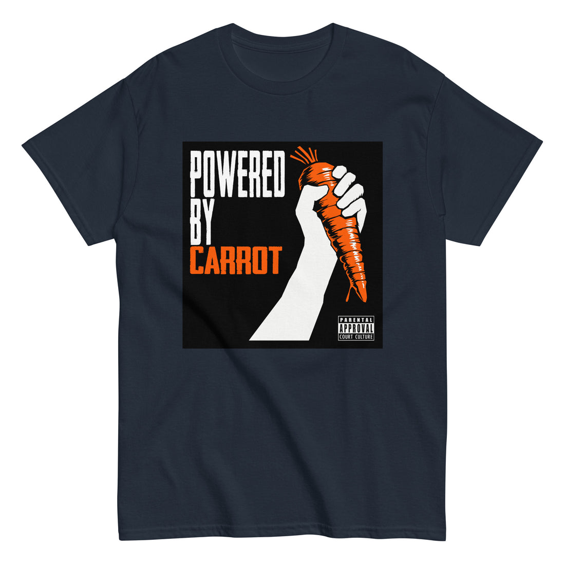 Navy classic tee with “Powered by Carrot” hand-and-carrot graphic – front view
