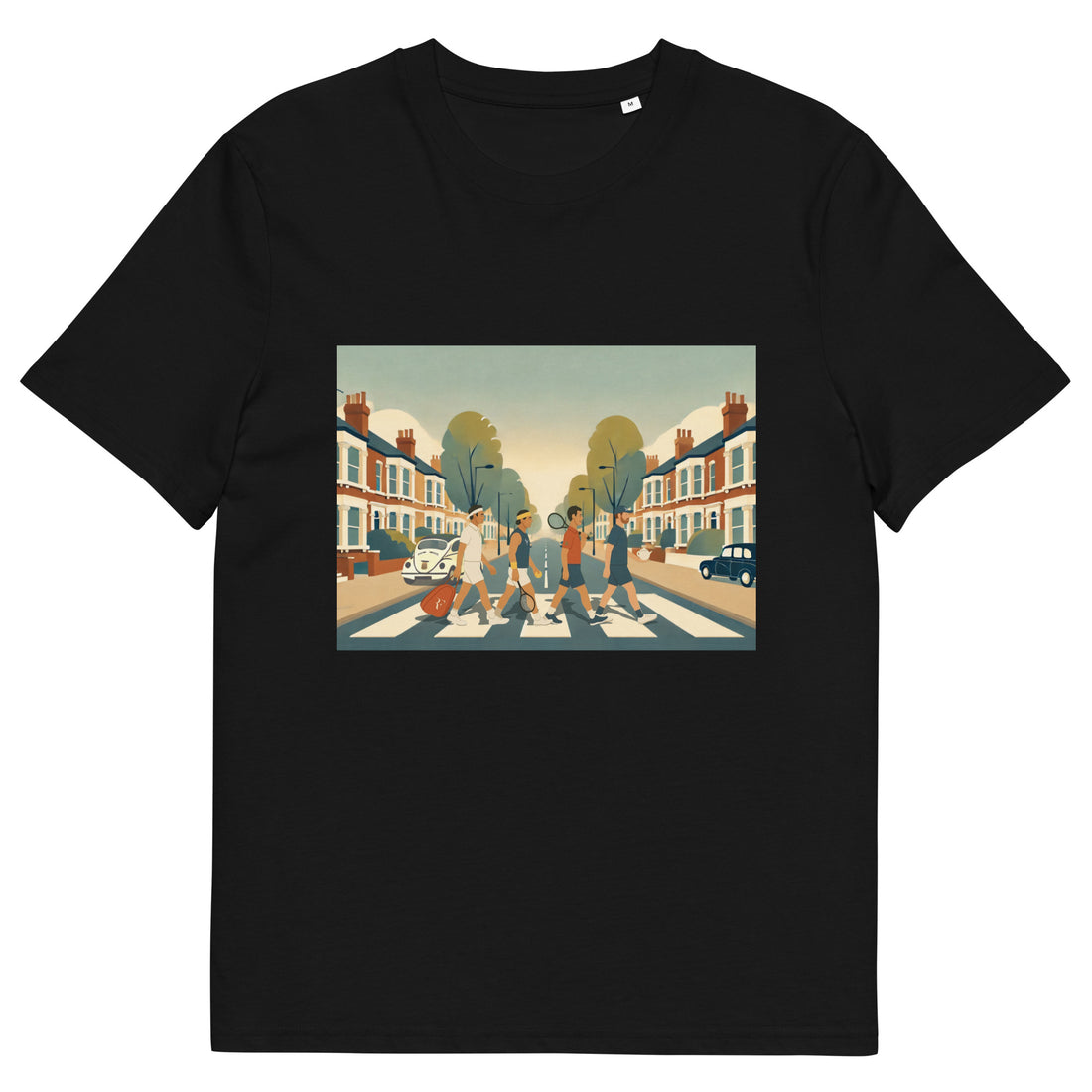 Black organic classic-fit tee with “Big 4 Crossing” Abbey-Road-style print of Federer, Nadal, Djokovic &amp; Murray – front view