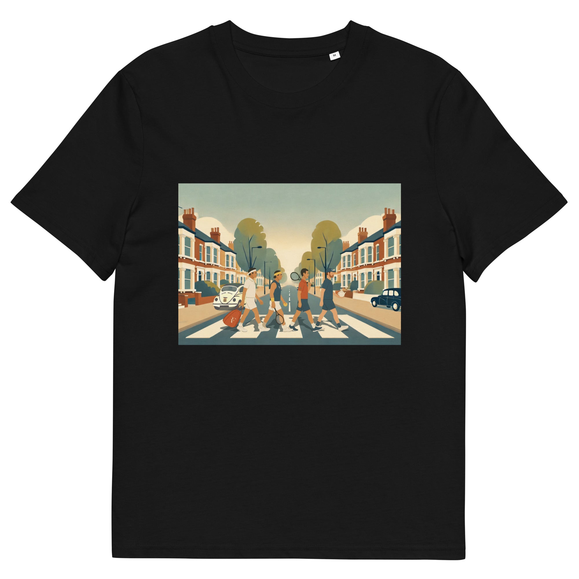 Black organic classic-fit tee with “Big 4 Crossing” Abbey-Road-style print of Federer, Nadal, Djokovic &amp; Murray – front view