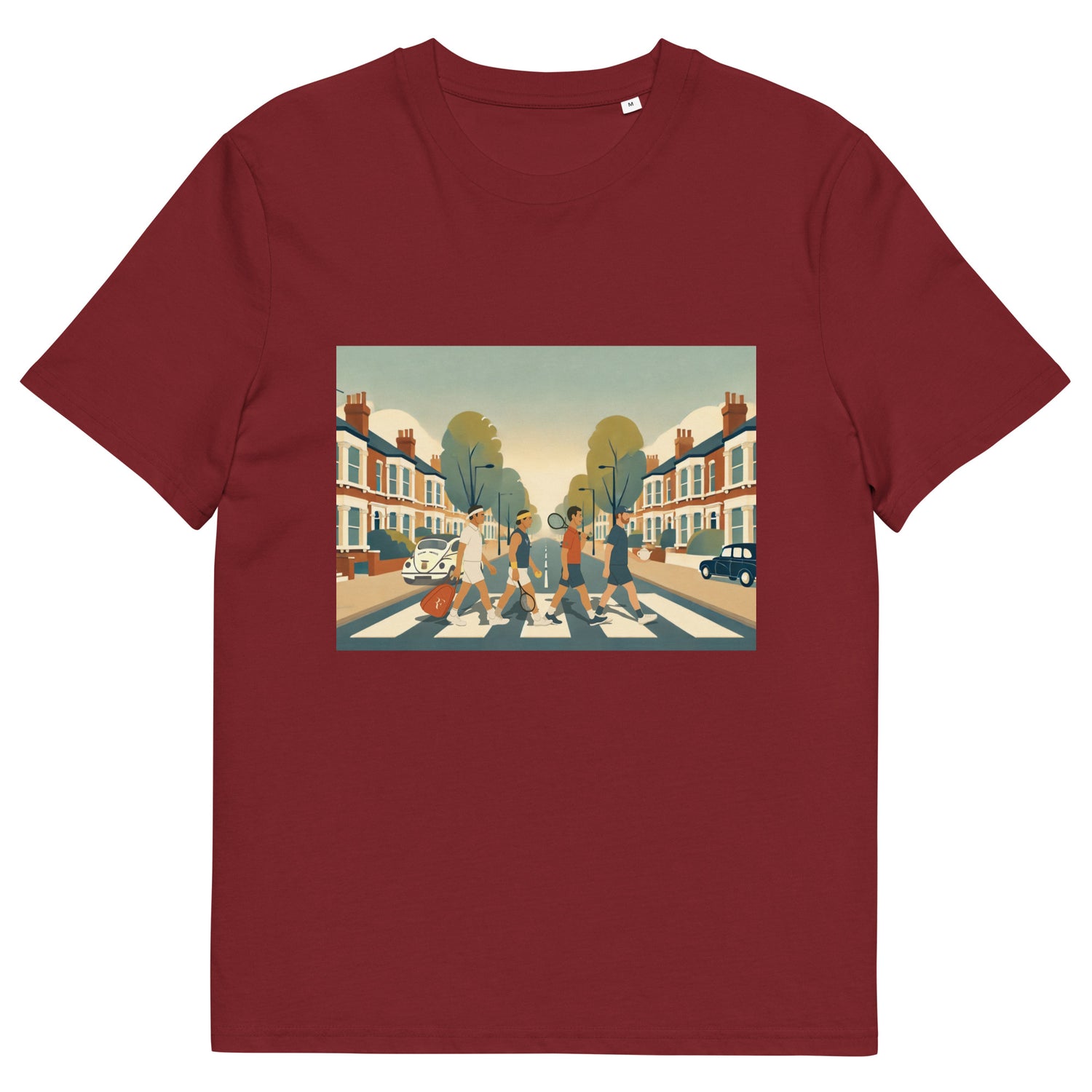 Burgundy organic classic-fit tee with “Big 4 Crossing” Abbey-Road-style print of Federer, Nadal, Djokovic &amp; Murray – front view
