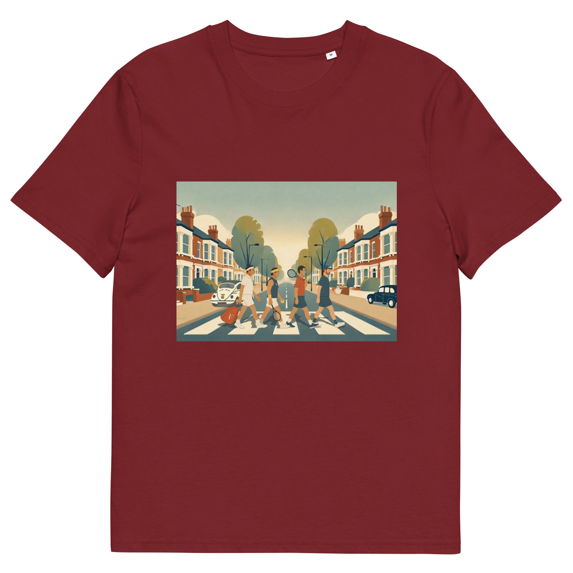 Burgundy organic classic-fit tee with “Big 4 Crossing” Abbey-Road-style print of Federer, Nadal, Djokovic &amp; Murray – front view