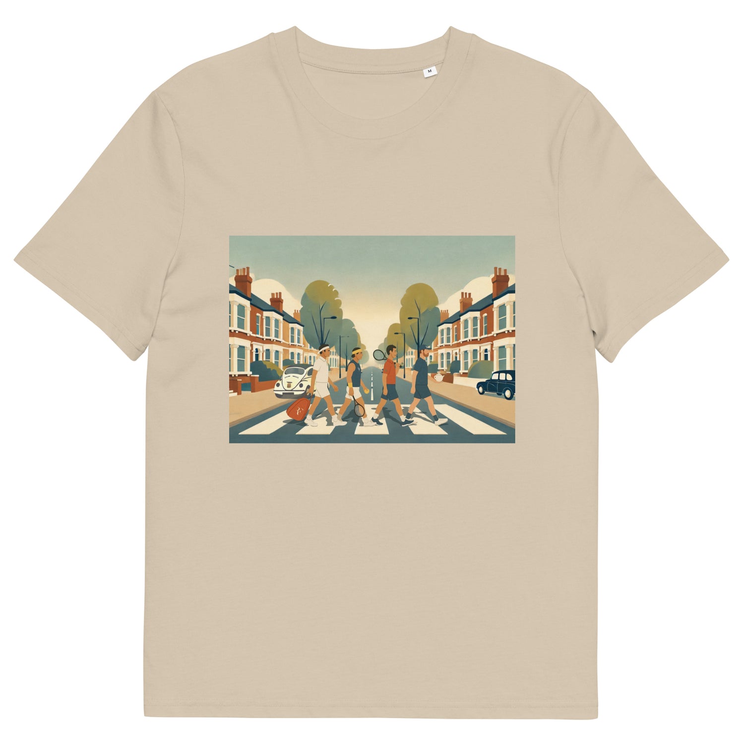DESERT DUST (beige) organic classic-fit tee with “Big 4 Crossing” Abbey-Road-style print of Federer, Nadal, Djokovic &amp; Murray – front view