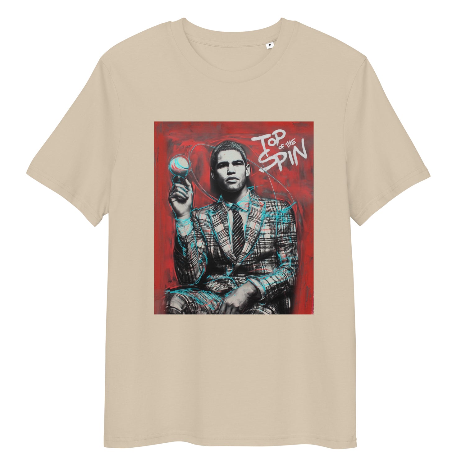 Desert Dust organic cotton tee featuring “Top Spin” graphic of Carlos Alcaraz – front view