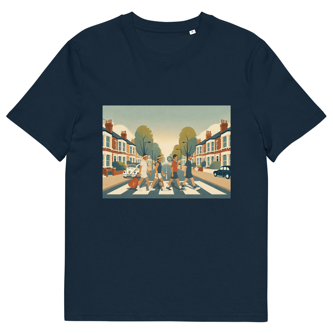 French Navy organic classic-fit tee with “Big 4 Crossing” Abbey-Road-style print of Federer, Nadal, Djokovic &amp; Murray – front viewkup