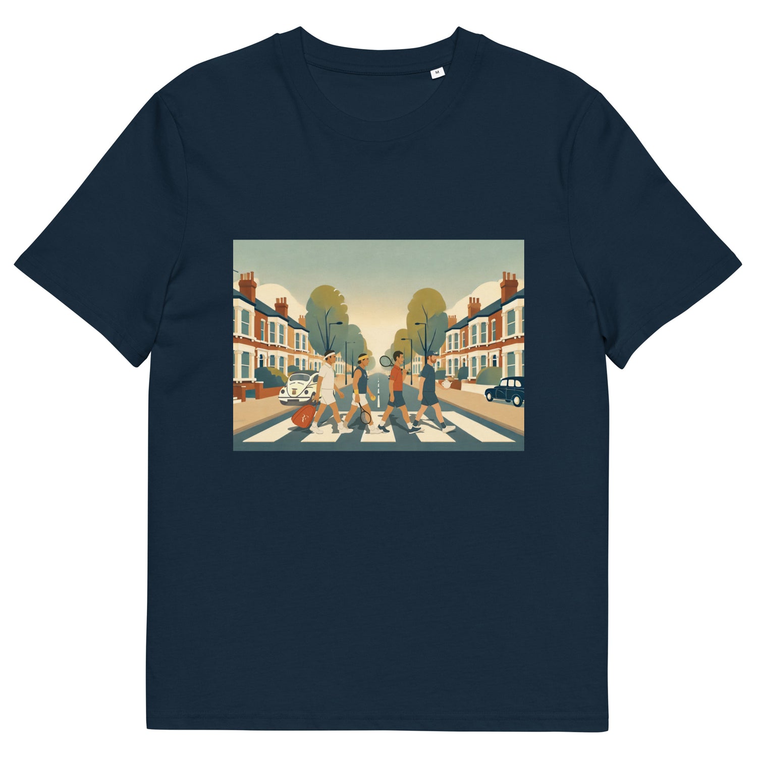 French Navy organic classic-fit tee with “Big 4 Crossing” Abbey-Road-style print of Federer, Nadal, Djokovic &amp; Murray – front viewkup