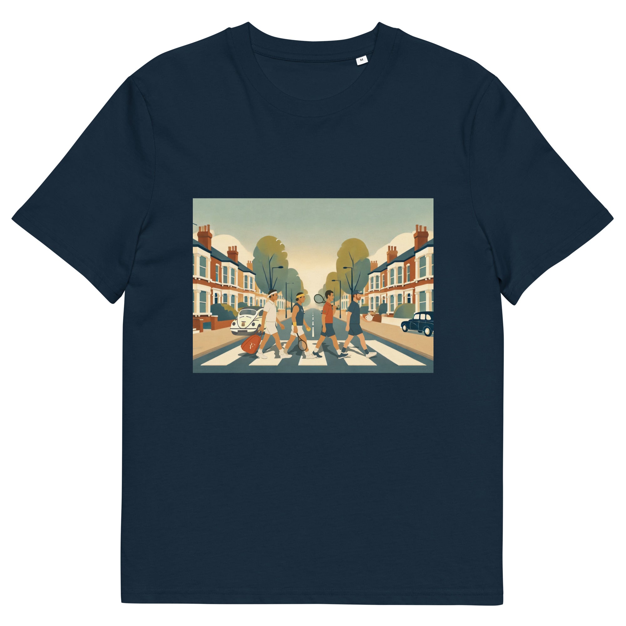 French Navy organic classic-fit tee with “Big 4 Crossing” Abbey-Road-style print of Federer, Nadal, Djokovic &amp; Murray – front viewkup