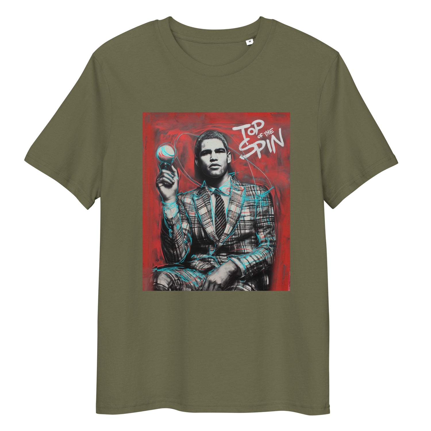 Khaki organic cotton tee featuring “Top Spin” graphic of Carlos Alcaraz – front view