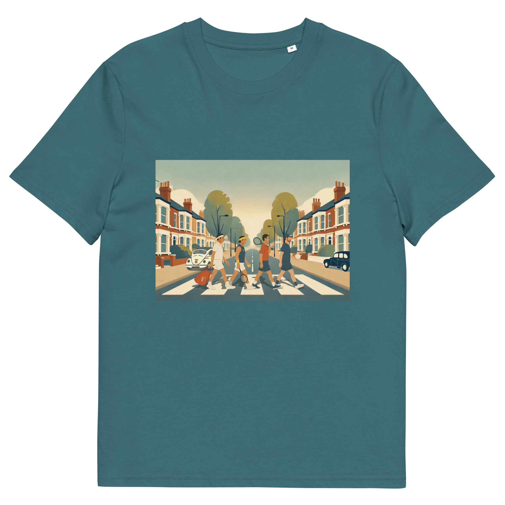 STARGAZER (Teal) organic classic-fit tee with “Big 4 Crossing” Abbey-Road-style print of Federer, Nadal, Djokovic &amp; Murray – front view